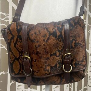 Italian Leather Hair On Hide Cow Print Satchel Chocolate Brown